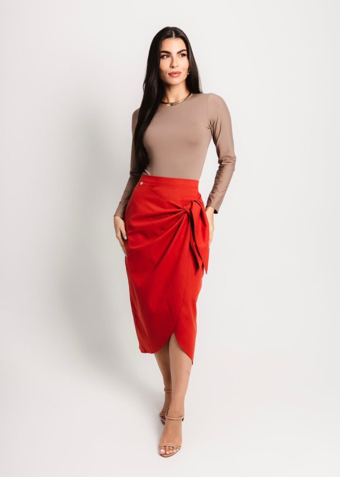 Saia Florença Mídi Linho - Vermelho Coral