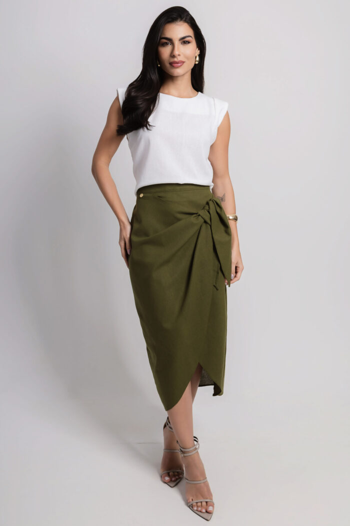 Saia Florença Mídi Linho - Verde Militar